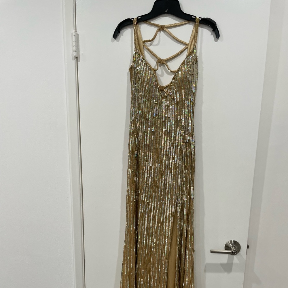 Mac Duggal gold sequins gown with slit size 2 with tags